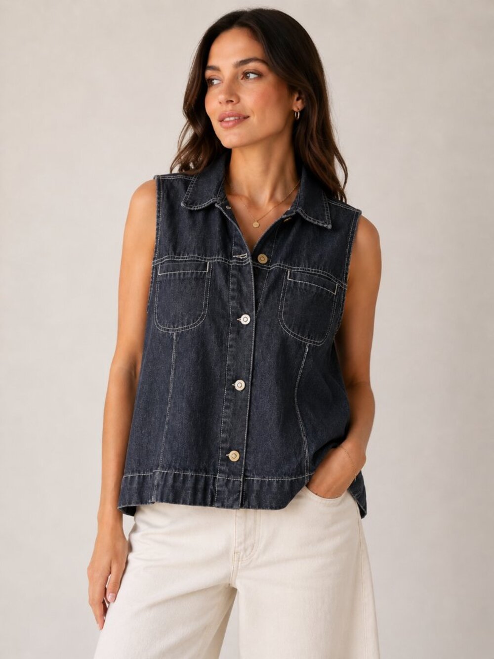 D'Allaird Womens Size 12 Black Blue Denim Button Front Vest 100% Cotton
